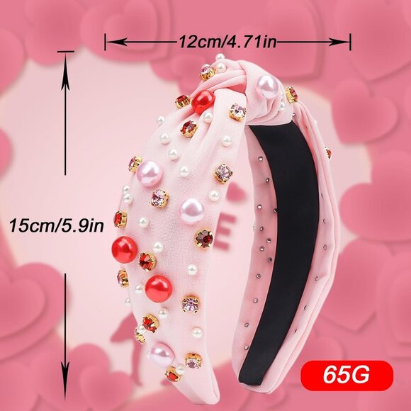 Light Pink Pearl Rhinestone Knotted Headband for Women Valentine’s Day Gift - Picture 5 of 8
